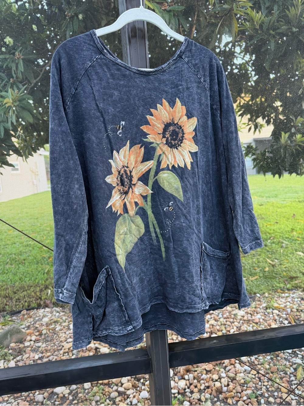 Jess & Jane Sunshine Sunflower Mineral Wash Slub Tunic Top XL NWOT